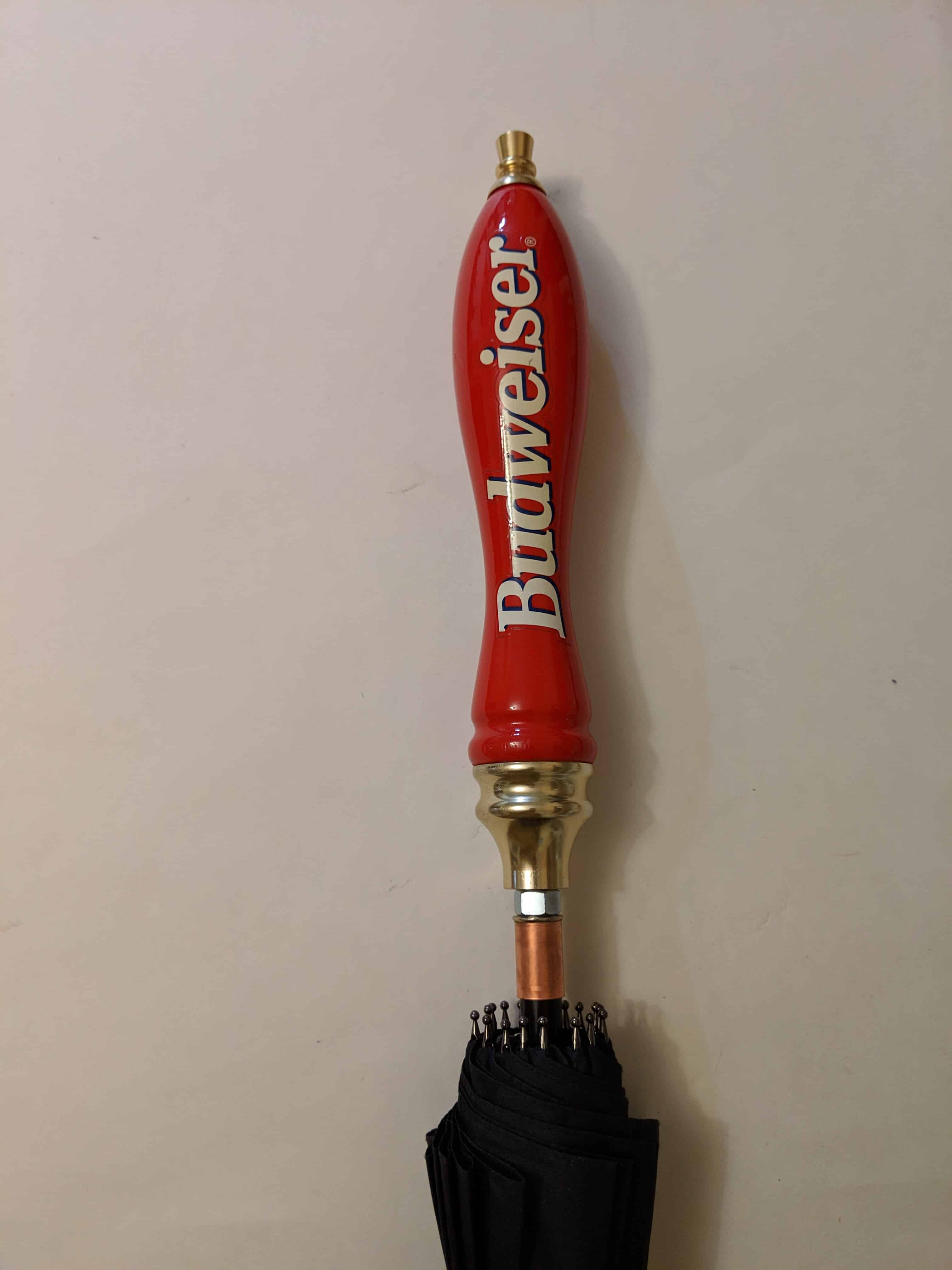 Details about    Budweiser Anheuser Busch Beer  Wood Handle Umbrella 35" red & white Vintage 